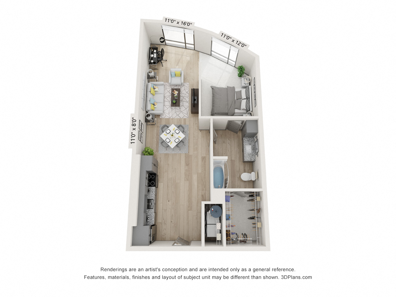 Floor plan for 1 bed, 1 bath, 855 sqft